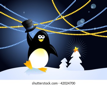 cheerful cartoon penguin holding his hat against decorated Christmas background