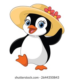 Um pinguim alegre de desenho animado em um chapéu de sol amarelo pálido adornado com flores vermelhas caminha com uma expressão alegre contra um fundo branco A ilustração apresenta cores brilhantes e um desenho animado simples 