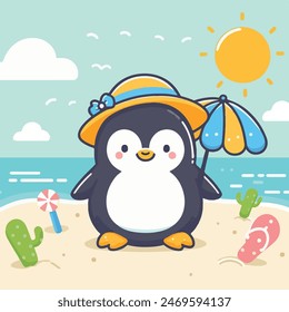 A cheerful cartoon penguin in sunglasses and a sun hat enjoys a sunny beach day, surrounded by tropical elements like palm trees, a starfish, and a seashell, with two birds flying against a backdrop o