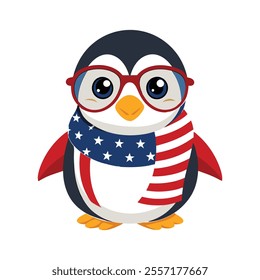 A cheerful cartoon penguin wearing red glasses and an American flag scarf, standing on a dark background. Perfect for patriotic, fun, and whimsical designs.