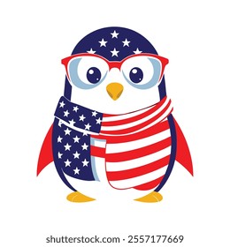 A cheerful cartoon penguin wearing red glasses and an American flag scarf, standing on a dark background. Perfect for patriotic, fun, and whimsical designs.