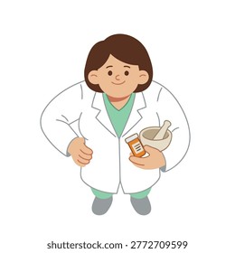 A cheerful cartoon pharmacist in a white lab coat holds a prescription bottle and a mortar with a pestle, representing healthcare and pharmacy.