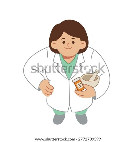 A cheerful cartoon pharmacist in a white lab coat holds a prescription bottle and a mortar with a pestle, representing healthcare and pharmacy.