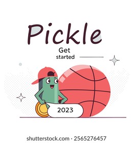 A cheerful cartoon pickle character wearing a blue baseball cap and a red something (likely shirt or accessory, needs more information). Ideal for branding, children's products, 