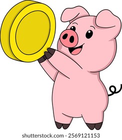 A cheerful cartoon pig with a bright pink body and a happy expression, holding a large gold coin symbolizing financial savings and security