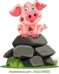 Cheerful cartoon piglet sitting atop stones