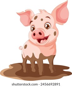 Cheerful cartoon piglet standing in a mud puddle.