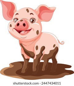 Cheerful cartoon piglet standing in muddy puddle