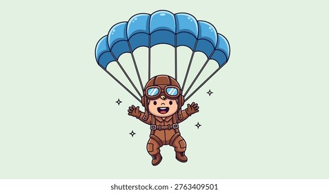 A cheerful cartoon pilot in a brown flight suit and goggles is joyfully parachuting down with a blue parachute.