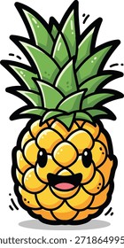 A cheerful cartoon pineapple with a smiling face and bright green leaves stands against a white background. The fruit is yellow with a textured surface and black outlines.