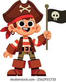 Cheerful cartoon pirate kid holding a skull flag