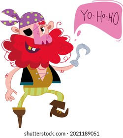 Cheerful cartoon pirate with text cloud and yo ho ho lettering. One-legged man in a pirate costume. Vector illustration of a character in a cartoon children s style. Isolated funny clipart