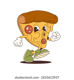Cheerful cartoon pizza mascot with melted cheese, white gloves, and green sneakers in motion. Suitable for food promotions and dynamic design. Vector illustration