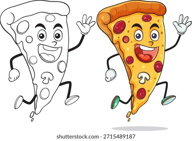 Cheerful cartoon pizza slice jumping, shown in both colored and black-and-white outline styles