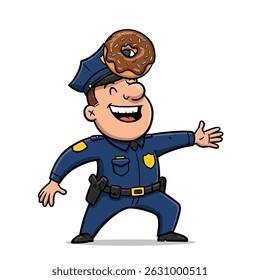 Um policial animado alegre com bochechas rosadas está equilibrando três rosquinhas salpicadas em cima de seu chapéu, parecendo orgulhoso e feliz.