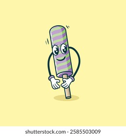 A cheerful cartoon popsicle with striped design holds its stick playfully.