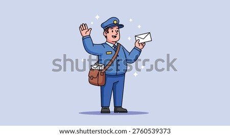 A cheerful cartoon postman in uniform waves while holding an envelope and a mailbag, representing postal service.