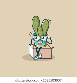 A cheerful cartoon potted plant character wearing glasses sits on a block with a happy expression.