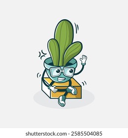 A cheerful cartoon potted plant character with glasses sits on a box, creating a playful and friendly image.