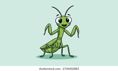 A cheerful cartoon praying mantis with big eyes and a friendly smile, standing on a light background.
