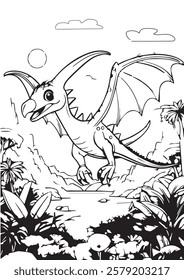 A cheerful cartoon pterodactyl soaring over a lush prehistoric jungle. Ideal for kids' coloring books, educational resources, and dinosaur-themed party decorations.