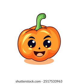 Una alegre calabaza de dibujos animados con ojos grandes y brillantes y una amplia sonrisa. El tallo verde se curva juguetonamente, realzando su aspecto lindo y vibrante.