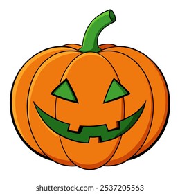 A cheerful cartoon pumpkin with a carved grin and glowing eyes, perfect for adding a festive touch to your Halloween projects. This friendly design is ideal for invitations, decorations.