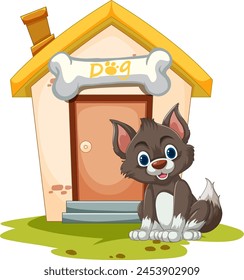 Cheerful cartoon puppy sitting by its doghouse