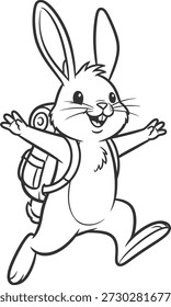 Un conejo alegre de dibujos animados con una mochila en la espalda se representa corriendo y saltando con alegría, mostrando su espíritu juguetón y aventurero en una ilustración en blanco y negro.
