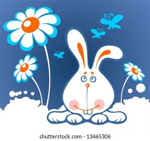 Cheerful cartoon rabbit and flowers on a white background.