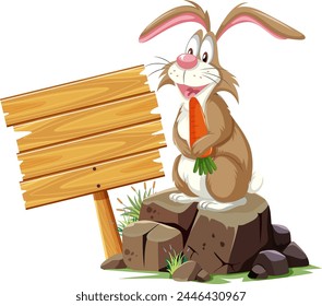 Cheerful cartoon rabbit holding a carrot by sign