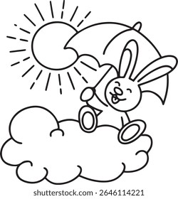 Cheerful Cartoon Rabbit Riding a Cloud Under Sunny Skies Holding an Umbrella Adorable Black and White Line Art for Children's Illustrations