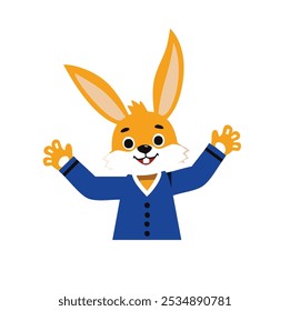 A cheerful cartoon rabbit wearing a blue jacket, waving with a friendly expression.