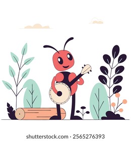 A cheerful cartoon red ant happily playing a banjo in a lush green forest. Perfect for children's books, websites, or any project needing a cute and 