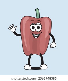 Cheerful cartoon red bell pepper character with a happy face, waving hand, and playful pose, isolated on a light blue background. Flat cartoon vector illustration