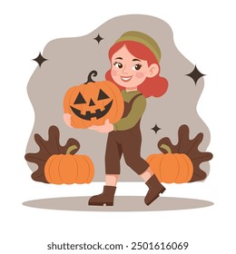 A cheerful cartoon red-haired girl in a beret holds a creepy Halloween jack-o-lantern in her hands. Vector flat illustration. No artificial intelligence was used to create the illustration. 
