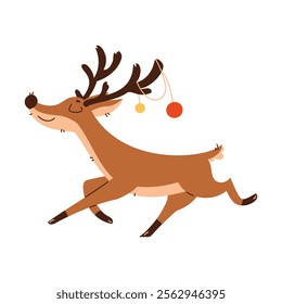 Cheerful cartoon reindeer with festive ornaments hanging from its antlers, symbolizing Christmas joy and holiday celebration.