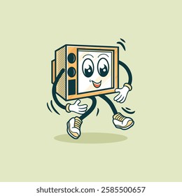 A cheerful cartoon retro television with legs and arms dances happily across a pale green background.