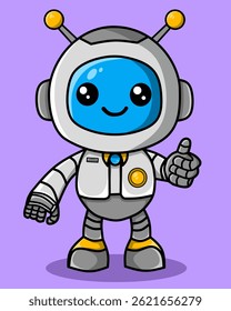 Cheerful cartoon robot giving a thumbs up with a big smile, metallic body, bright colors, friendly face, and playful pose.
