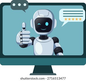 Alegre robot de dibujos animados en un monitor de computadora da un pulgar hacia arriba, con burbujas de discurso para el chat y una calificación de cinco estrellas. Perfecto para Servicio al cliente, IA o vídeos positivos de temática tecnológica, ilustraciones.