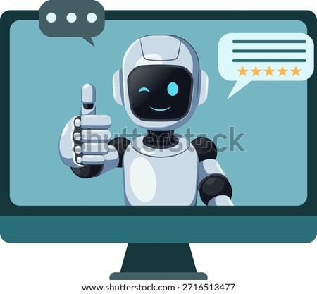 Cheerful cartoon robot on a computer monitor gives a thumbs up, with speech bubbles for chat and a five star rating. Perfect for customer service, AI, or positive tech-themed videos, illustrations.