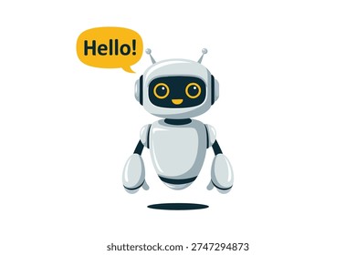 Un robot de dibujos animados alegre con un globo de diálogo que dice hola se representa sobre un fondo blanco, representando un personaje de inteligencia artificial amigable y accesible, simbolizando la tecnología moderna y la innovación en una ilustración visualmente atractiva.