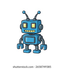 Alegre robot de dibujos animados. Este ser mecánico caprichoso encarna la felicidad y la innovación futurista. Un compañero digital encantador.