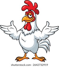 Cheerful cartoon rooster with open wings and a confident expression ready to greet others for marketing purposes.