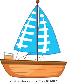 A cheerful cartoon sailboat with a brown hull and a blue sail adorned with white stripes. The boat has a small cabin and is ready for an adventure on the open water.