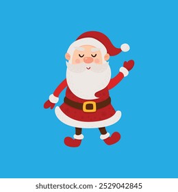 A cheerful cartoon Santa Claus, with eyes closed and a smile, waves his hand in a friendly gesture. Set against a bright blue background, this festive character dons his iconic red suit with white tri