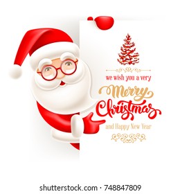 Cheerful cartoon Santa Claus holding a Merry Christmas greeting poster. Vector illustration.