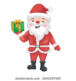Cheerful Cartoon Santa Claus Presenting a Green Gift Box