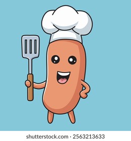 A cheerful cartoon sausage wearing a chef's hat and holding a spatula.