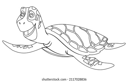 Cheerful cartoon sea turtle in a linear style for printable children coloring.Vector illustration.